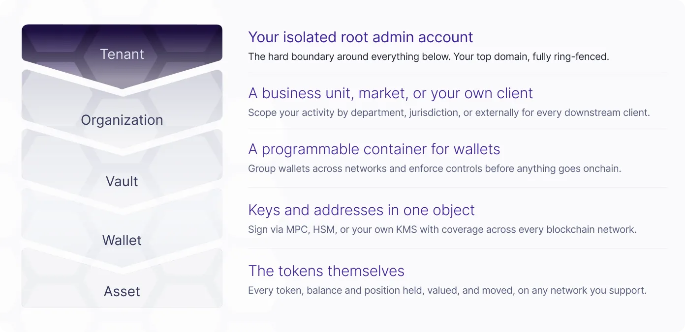 The DFNS hierarchy: a Tenant containing multiple fully segregated Organizations